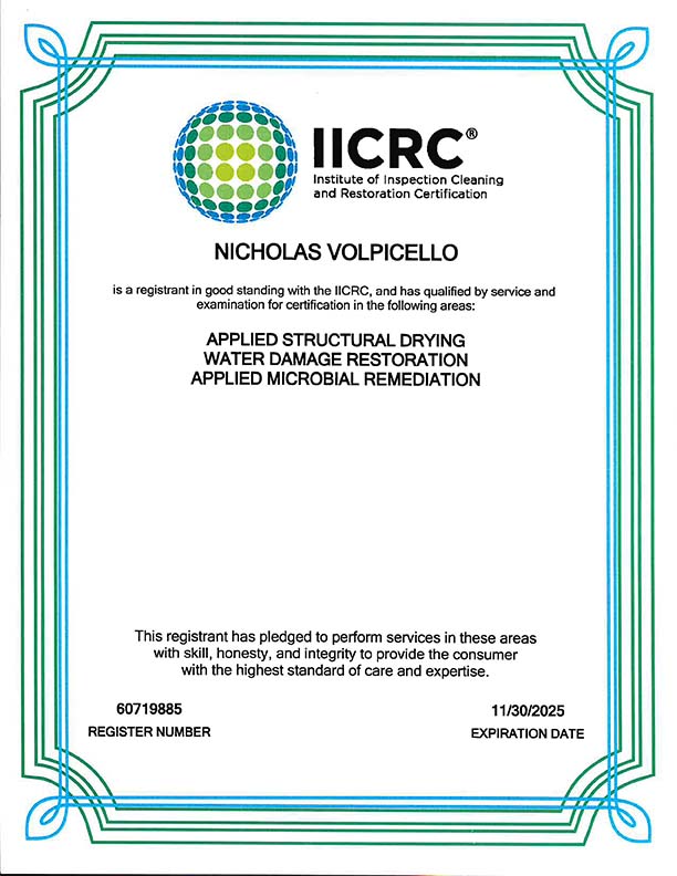Nick Volpicello IICRC Certification Bulovas Restoration
